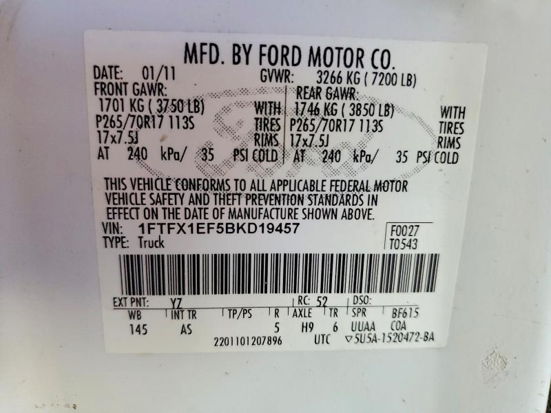 58423756 :رقم المزاد ، 1FTFX1EF5BKD19457 vin ، 2011 Ford F150 مزاد بيع