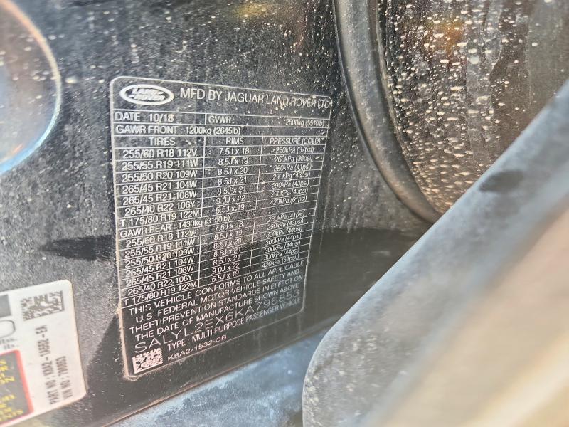 56517696 :رقم المزاد ، SALYL2EX6KA796853 vin ، 2019 Land Rover Range Rover Velar مزاد بيع