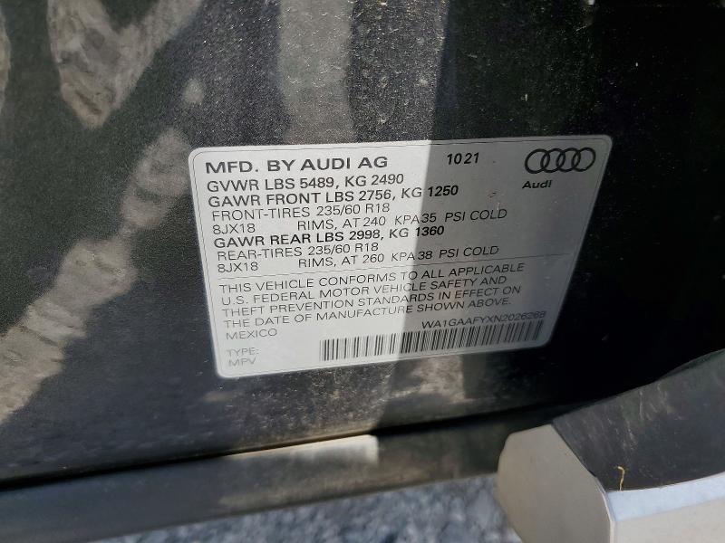 Aukcja sprzedaży 2022 Audi Q5, vin: WA1GAAFYXN2026268, numer aukcji: 57162636