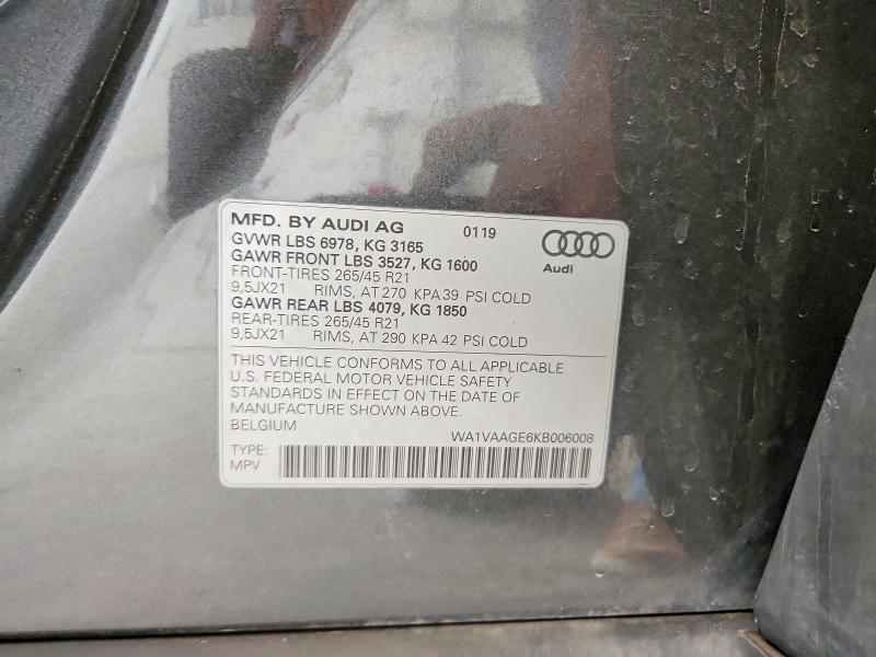 57493496 :رقم المزاد ، WA1VAAGE6KB006008 vin ، 2019 Audi E-tron مزاد بيع