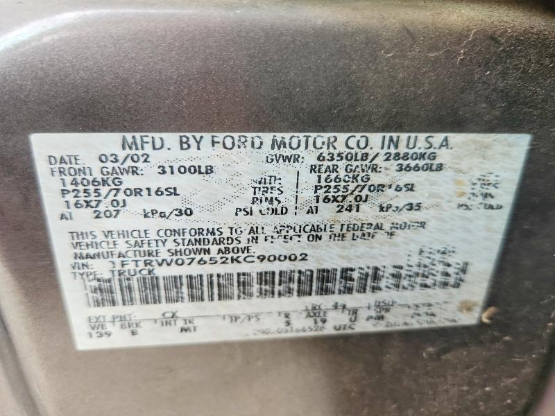 2002 Ford F150 მანქანა იყიდება აუქციონზე, vin: 1FTRW07652KC90002, აუქციონის ნომერი: 58046836