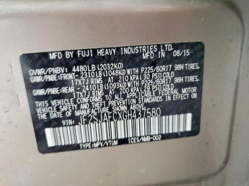 Продаж на аукціоні авто 2016 Subaru Forester, vin: JF2SJAFCXGH437580, номер лоту: 57947366