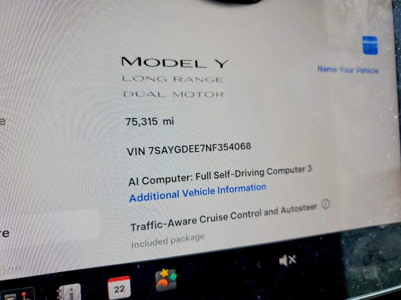 2022 Tesla Model Y მანქანა იყიდება აუქციონზე, vin: 7SAYGDEE7NF354068, აუქციონის ნომერი: 58461756