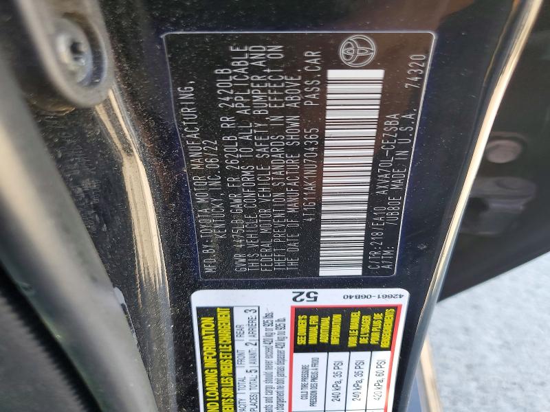 2022 Toyota Camry მანქანა იყიდება აუქციონზე, vin: 4T1G11AK1NU704365, აუქციონის ნომერი: 56673566
