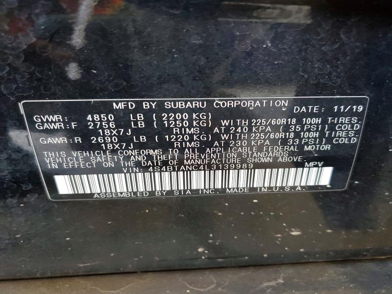 2020 Subaru Outback მანქანა იყიდება აუქციონზე, vin: 4S4BTANC4L3139989, აუქციონის ნომერი: 59246586