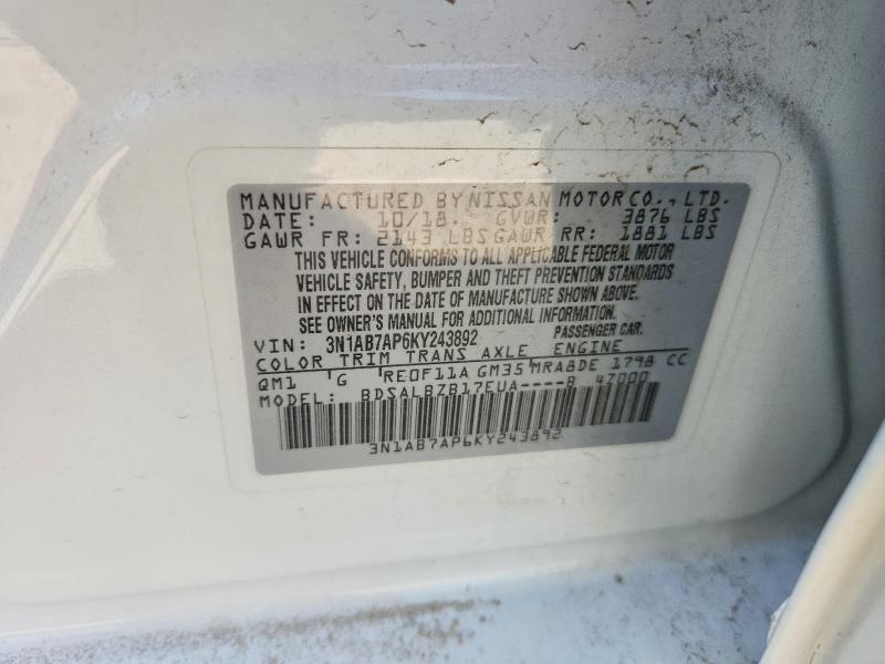 59004016 :رقم المزاد ، 3N1AB7AP6KY243892 vin ، 2019 Nissan Sentra مزاد بيع