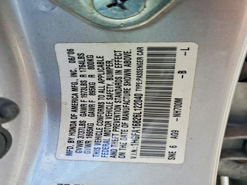 58217706 :رقم المزاد ، 1HGFA16826L122040 vin ، 2006 Honda Civic مزاد بيع