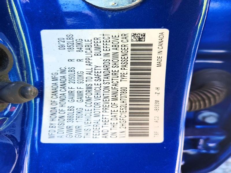 57276096 :رقم المزاد ، 2HGFC1E52LH707890 vin ، 2020 Honda Civic مزاد بيع