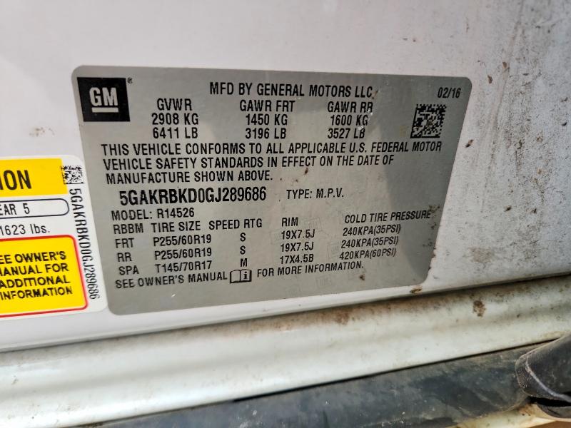 2016 Buick Enclave მანქანა იყიდება აუქციონზე, vin: 5GAKRBKD0GJ289686, აუქციონის ნომერი: 57501136