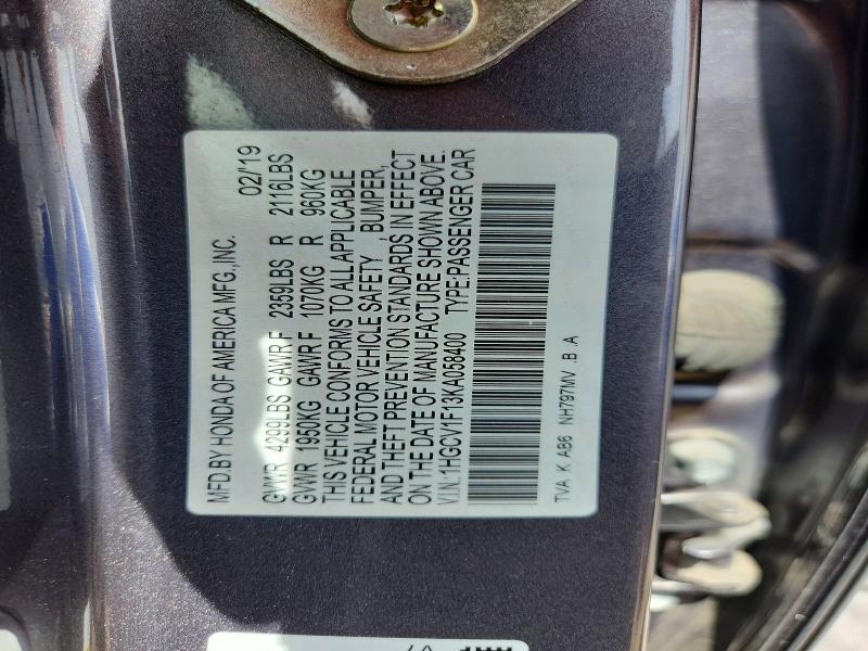 Auction sale of the 2019 Honda Accord, vin: 1HGCV1F13KA058400, lot number: 55424466