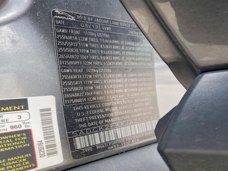 56677046 :رقم المزاد ، SADCK2FXXJA255164 vin ، 2018 Jaguar F-pace مزاد بيع