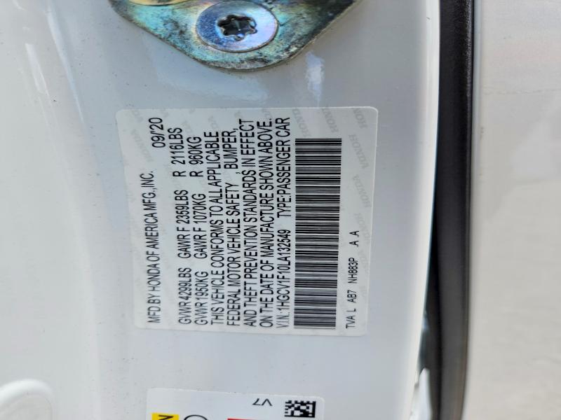 2020 Honda Accord მანქანა იყიდება აუქციონზე, vin: 1HGCV1F10LA132549, აუქციონის ნომერი: 56733316