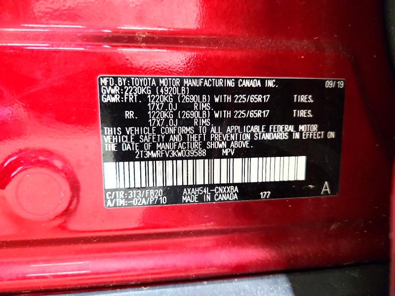 2019 Toyota Rav4 მანქანა იყიდება აუქციონზე, vin: 2T3MWRFV3KW039588, აუქციონის ნომერი: 58688286