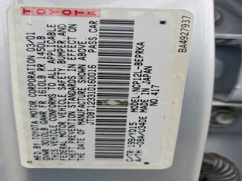 41632266 :رقم المزاد ، JTDBT123310160016 vin ، 2001 Toyota Echo مزاد بيع
