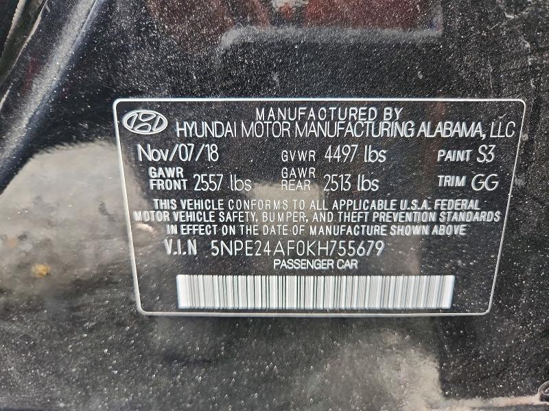 58044096 :رقم المزاد ، 5NPE24AF0KH755679 vin ، 2019 Hyundai Sonata مزاد بيع