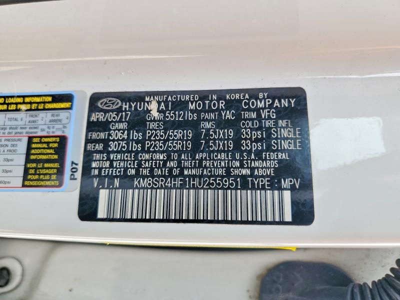 Продаж на аукціоні авто 2017 Hyundai Santa Fe, vin: KM8SR4HF1HU255951, номер лоту: 56649566