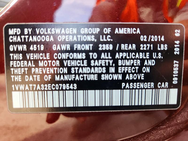 2014 Volkswagen Passat მანქანა იყიდება აუქციონზე, vin: 1VWAT7A32EC079543, აუქციონის ნომერი: 56104216