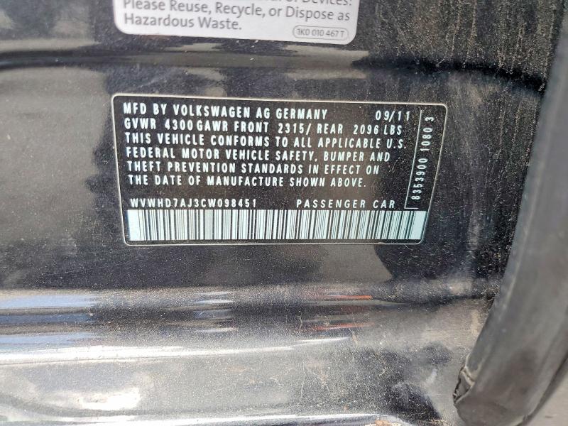 2012 Volkswagen Gti მანქანა იყიდება აუქციონზე, vin: WVWHD7AJ3CW098451, აუქციონის ნომერი: 55881896