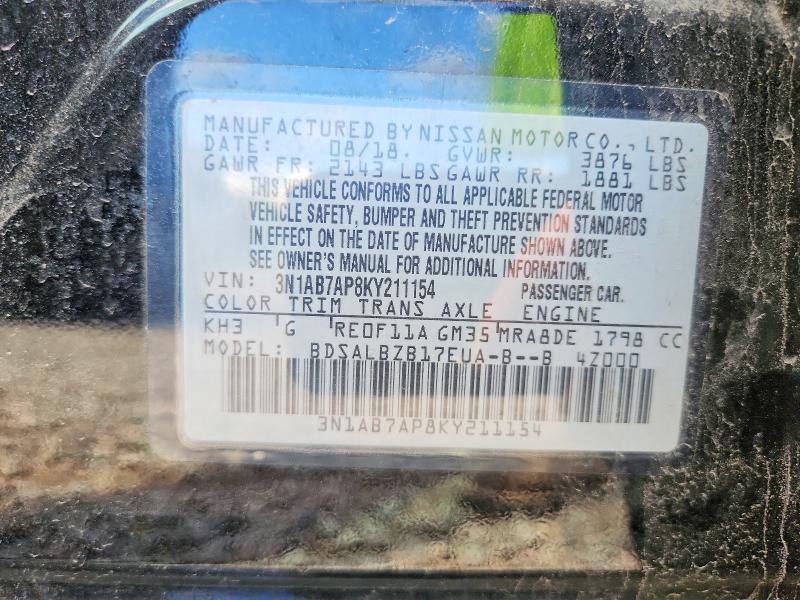 2019 Nissan Sentra მანქანა იყიდება აუქციონზე, vin: 3N1AB7AP8KY211154, აუქციონის ნომერი: 58071116