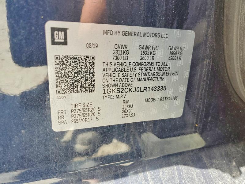 56034626 :رقم المزاد ، 1GKS2CKJ0LR143335 vin ، 2020 Gmc Yukon مزاد بيع