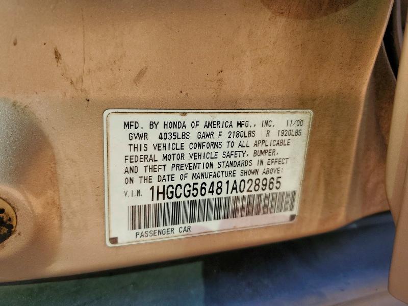 2001 Honda Accord მანქანა იყიდება აუქციონზე, vin: 1HGCG56481A028965, აუქციონის ნომერი: 56840936