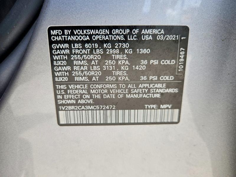 Auction sale of the 2021 Volkswagen Atlas, vin: 1V2BR2CA3MC572472, lot number: 56127186