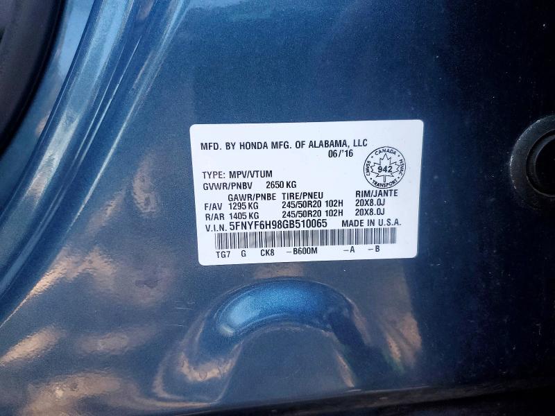 2016 Honda Pilot მანქანა იყიდება აუქციონზე, vin: 5FNYF6H98GB510065, აუქციონის ნომერი: 58255076