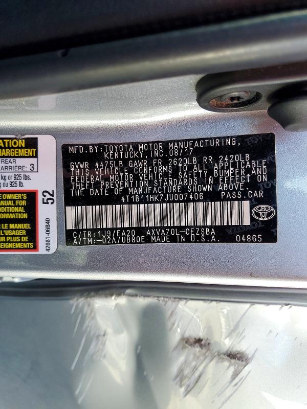 2018 Toyota Camry მანქანა იყიდება აუქციონზე, vin: 4T1B11HK7JU007406, აუქციონის ნომერი: 58419426