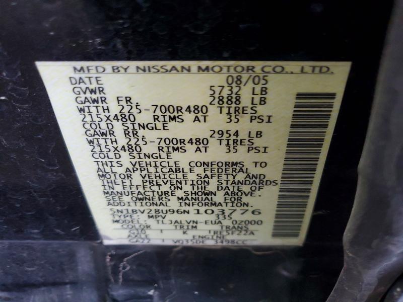 Aukcja sprzedaży 2006 Nissan Quest, vin: 5N1BV28U96N103776, numer aukcji: 56100246