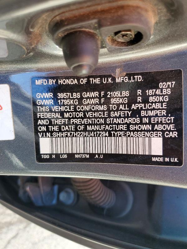 Продажа на аукционе авто 2017 Honda Civic, vin: SHHFK7H22HU417294, номер лота: 58435526