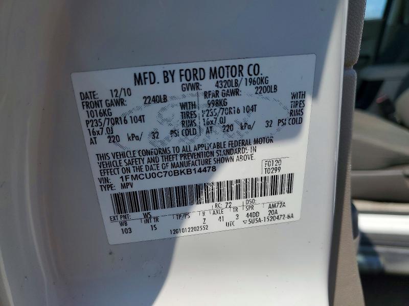 2011 Ford Escape მანქანა იყიდება აუქციონზე, vin: 1FMCU0C70BKB14478, აუქციონის ნომერი: 55850256