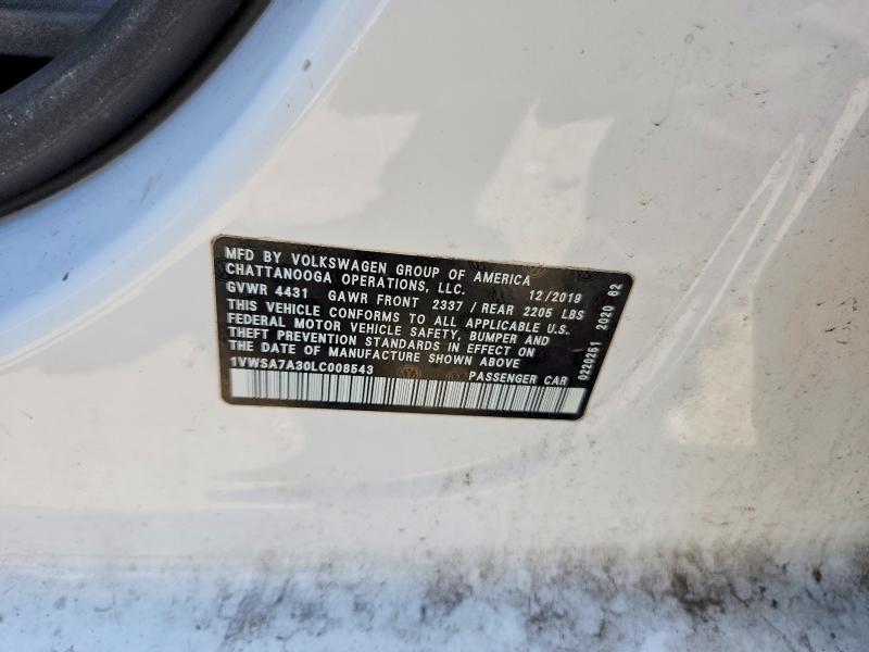 2020 Volkswagen Passat მანქანა იყიდება აუქციონზე, vin: 1VWSA7A30LC008543, აუქციონის ნომერი: 56782406