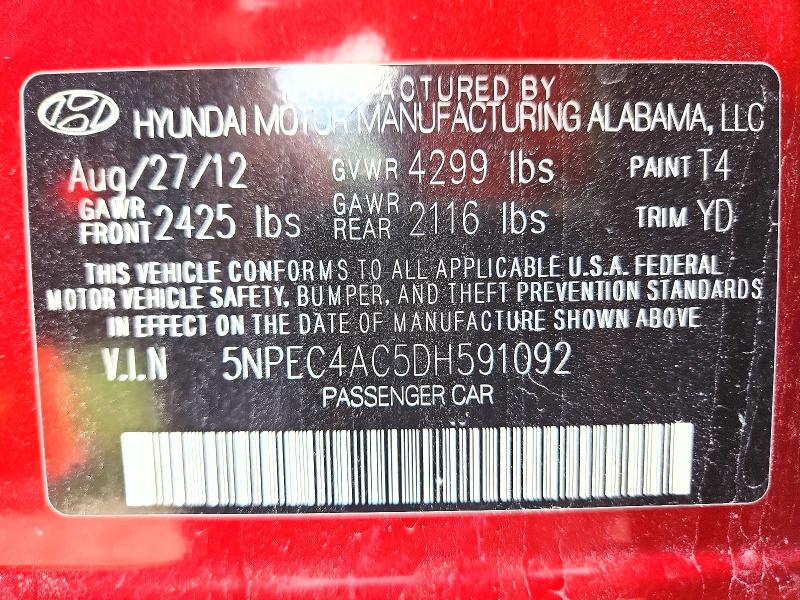 2013 Hyundai Sonata მანქანა იყიდება აუქციონზე, vin: 5NPEC4AC5DH591092, აუქციონის ნომერი: 57782536