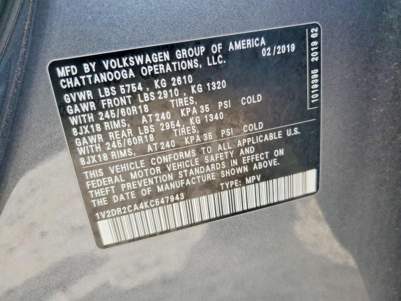 56322526 :رقم المزاد ، 1V2DR2CA4KC547943 vin ، 2019 Volkswagen Atlas مزاد بيع