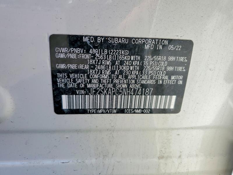 2022 Subaru Forester მანქანა იყიდება აუქციონზე, vin: JF2SKAPC5NH474187, აუქციონის ნომერი: 54837566