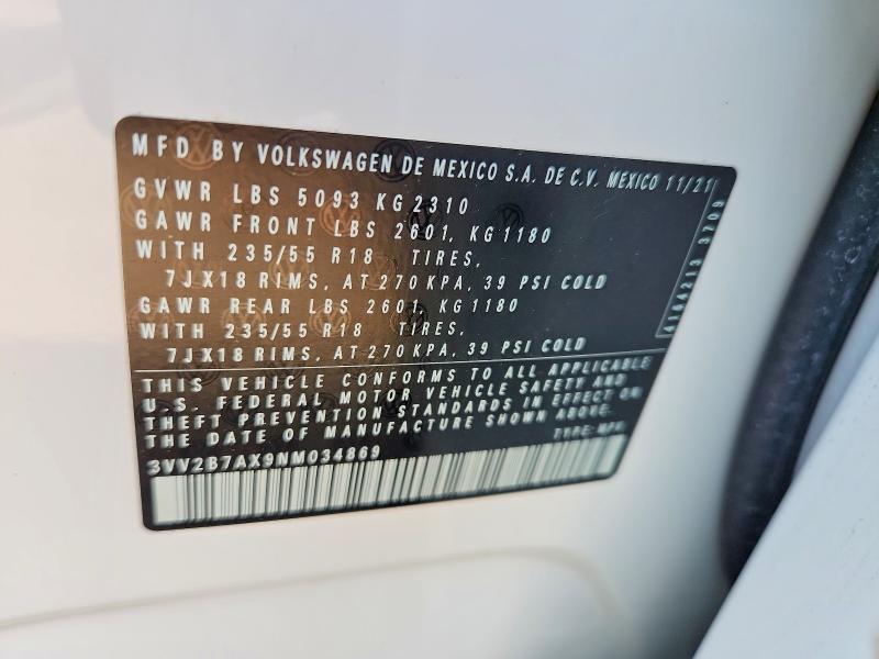 2022 Volkswagen Tiguan მანქანა იყიდება აუქციონზე, vin: 3VV2B7AX9NM034869, აუქციონის ნომერი: 55849606