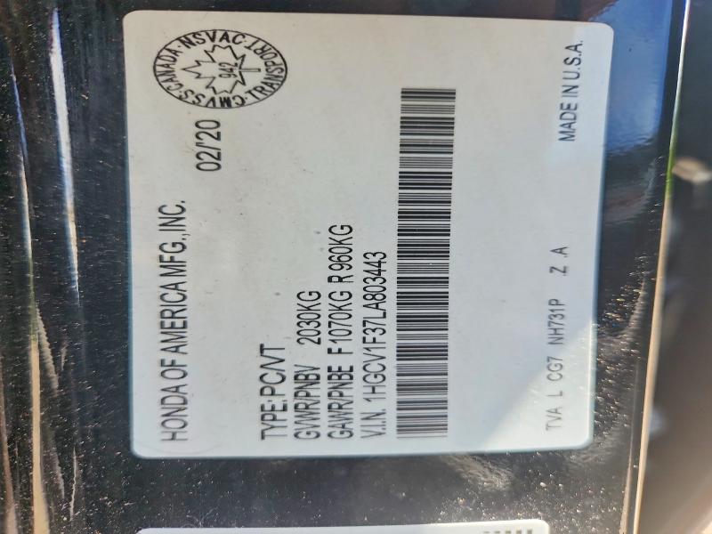 2020 Honda Accord მანქანა იყიდება აუქციონზე, vin: 1HGCV1F37LA803443, აუქციონის ნომერი: 57357026