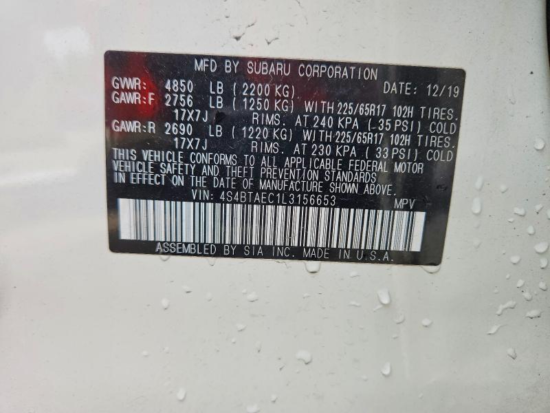 2020 Subaru Outback მანქანა იყიდება აუქციონზე, vin: 4S4BTAEC1L3156653, აუქციონის ნომერი: 58705666