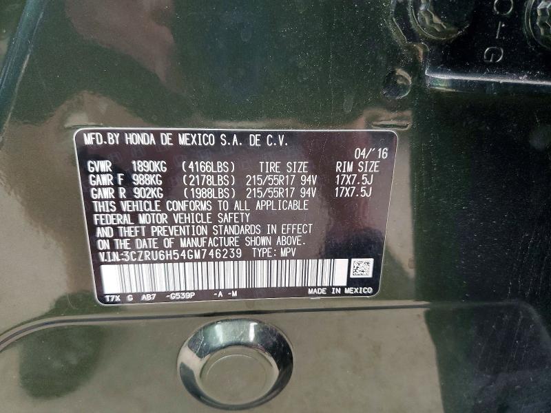 Aukcja sprzedaży 2016 Honda Hr-v, vin: 3CZRU6H54GM746239, numer aukcji: 56465576