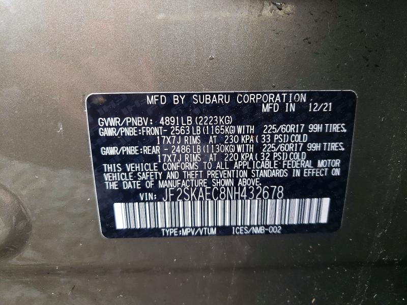Продажа на аукционе авто 2022 Subaru Forester, vin: JF2SKAEC8NH432678, номер лота: 57256126