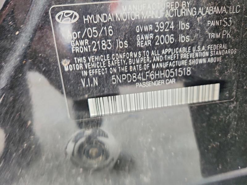 57909016 :رقم المزاد ، 5NPD84LF6HH051518 vin ، 2017 Hyundai Elantra مزاد بيع