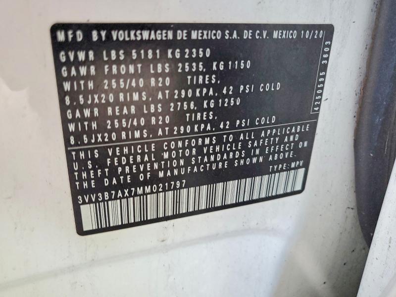 Aukcja sprzedaży 2021 Volkswagen Tiguan, vin: 3VV3B7AX7MM021797, numer aukcji: 58800026