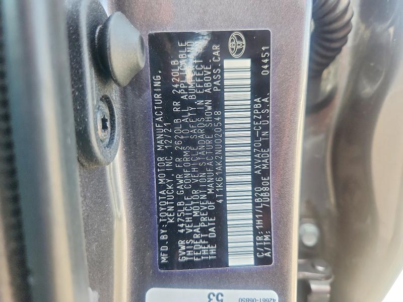 Продаж на аукціоні авто 2022 Toyota Camry, vin: 4T1K61AK2NU020548, номер лоту: 56689666