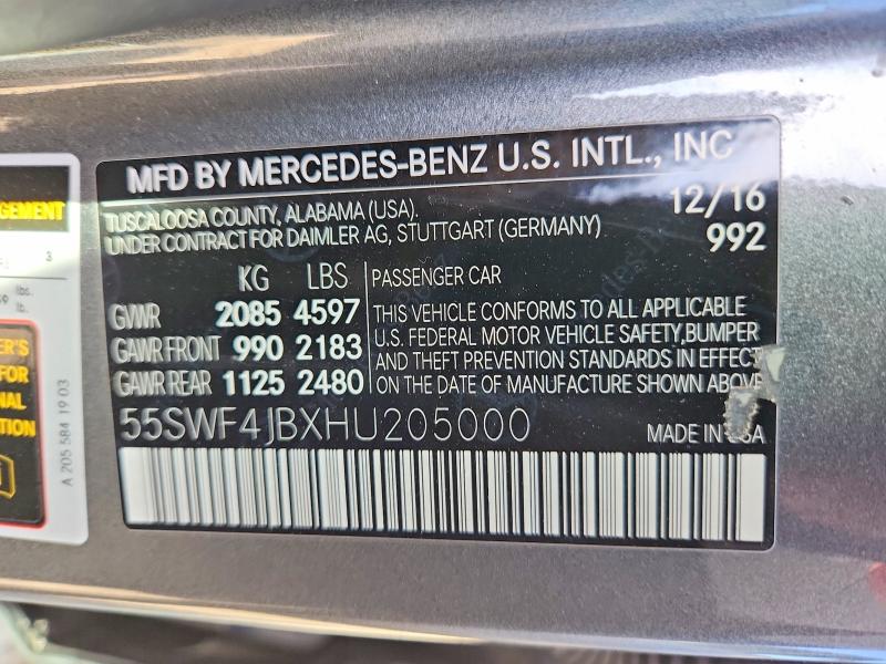 2017 Mercedes-benz C მანქანა იყიდება აუქციონზე, vin: 55SWF4JBXHU205000, აუქციონის ნომერი: 58918236