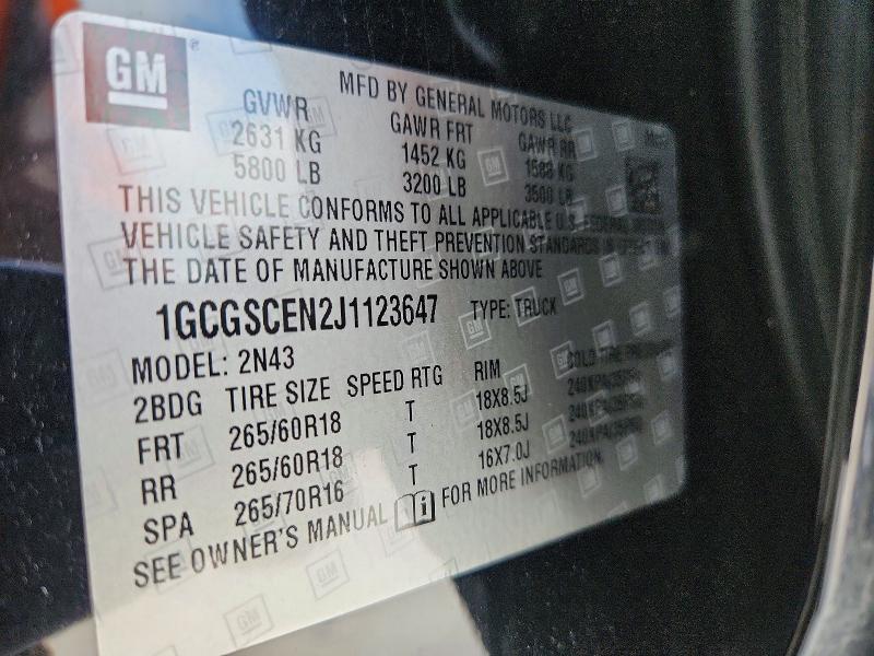 2018 Chevrolet Colorado მანქანა იყიდება აუქციონზე, vin: 1GCGSCEN2J1123647, აუქციონის ნომერი: 57658226
