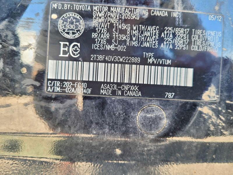 Aukcja sprzedaży 2012 Toyota Rav4, vin: 2T3BF4DV3CW222889, numer aukcji: 56329736