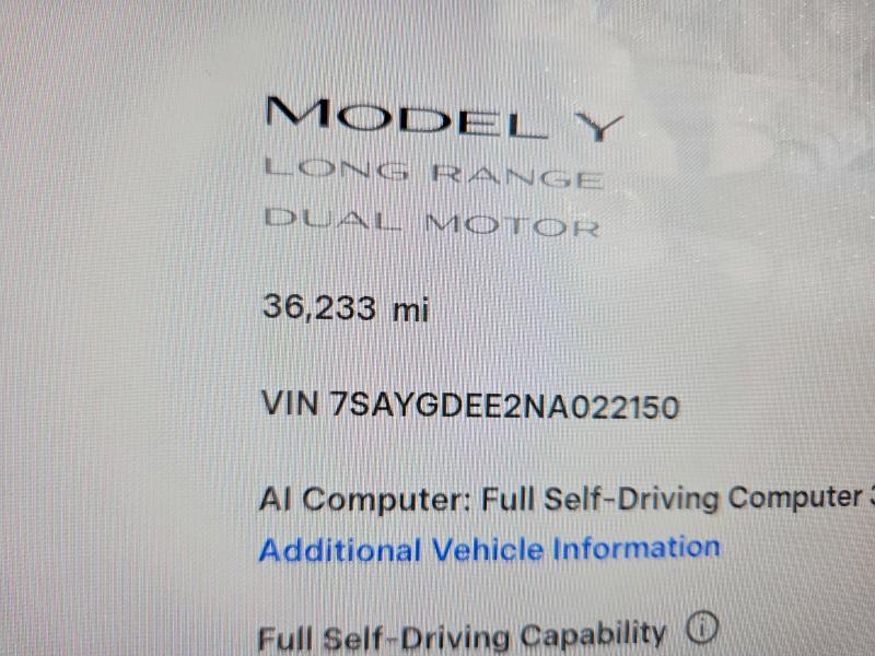 57812846 :رقم المزاد ، 7SAYGDEE2NA022150 vin ، 2022 Tesla Model Y مزاد بيع