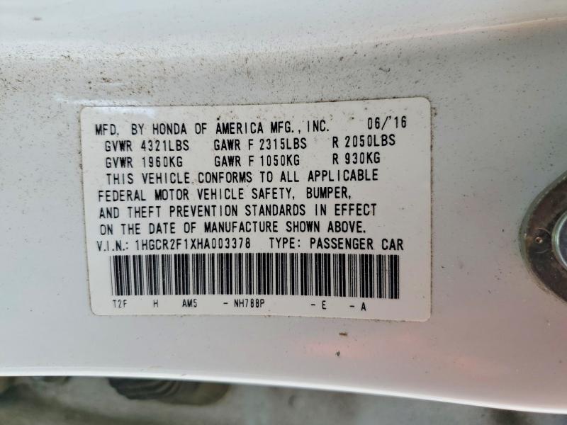 Продажа на аукционе авто 2017 Honda Accord, vin: 1HGCR2F1XHA003378, номер лота: 55562756