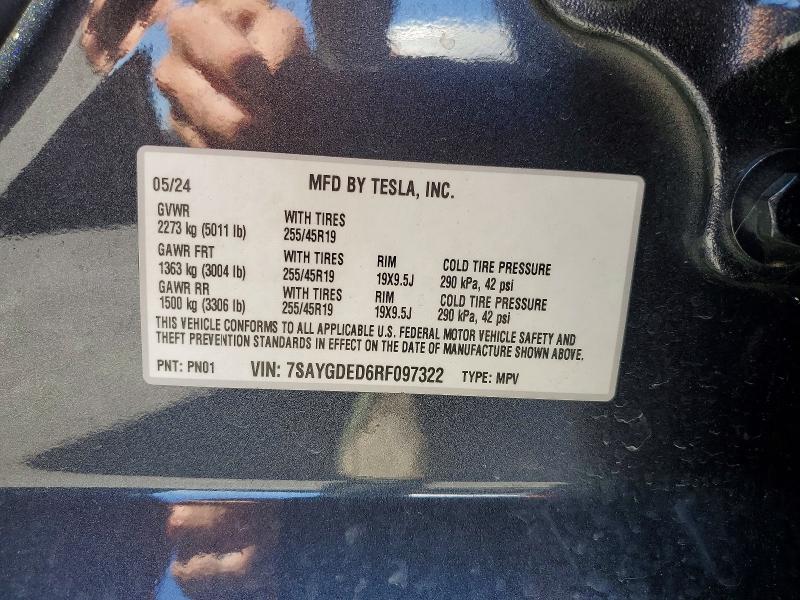 2024 Tesla Model Y მანქანა იყიდება აუქციონზე, vin: 7SAYGDED6RF097322, აუქციონის ნომერი: 56325986