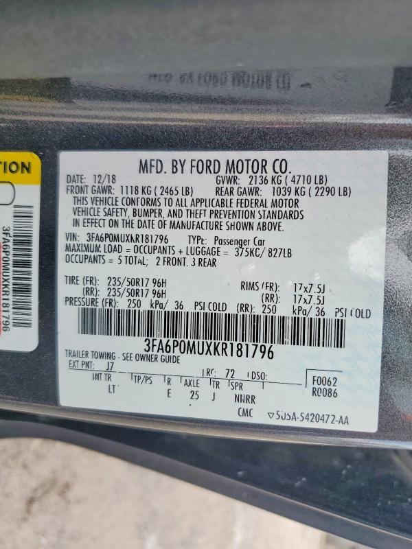 2019 Ford Fusion მანქანა იყიდება აუქციონზე, vin: 3FA6P0MUXKR181796, აუქციონის ნომერი: 55174276